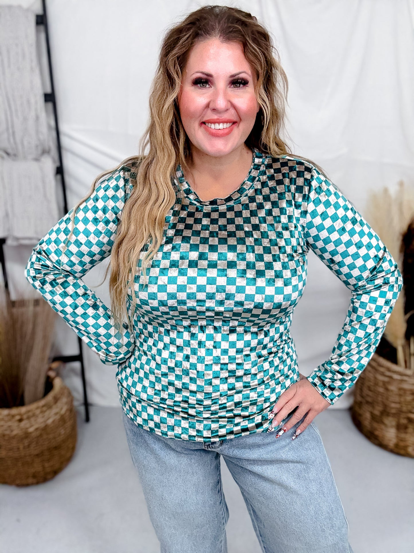 Teal and Beige Checkerboard Velvet Top