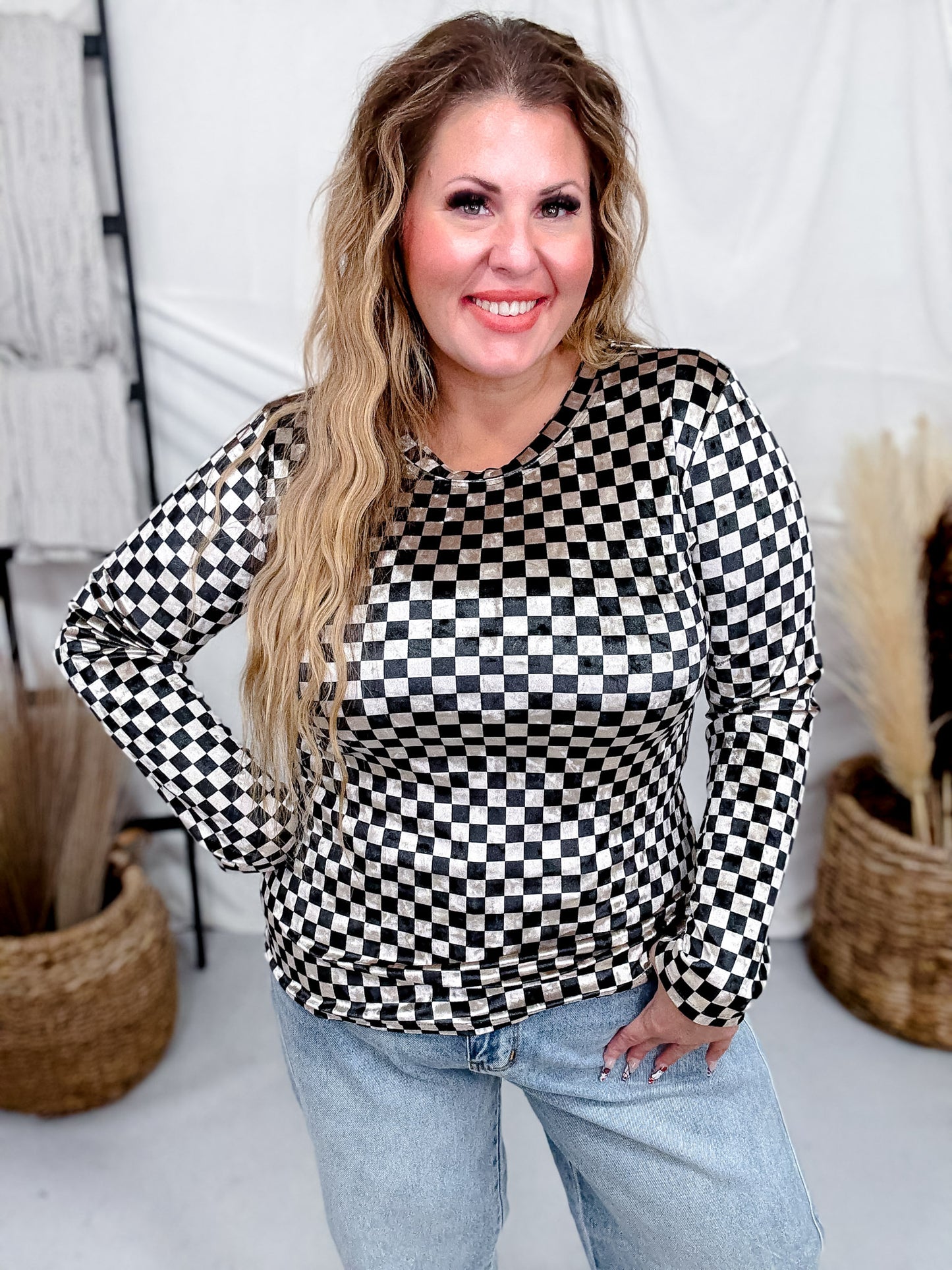 Long Sleeve Black and Beige Checkerboard Velvet Top