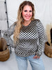 Long Sleeve Black and Beige Checkerboard Velvet Top