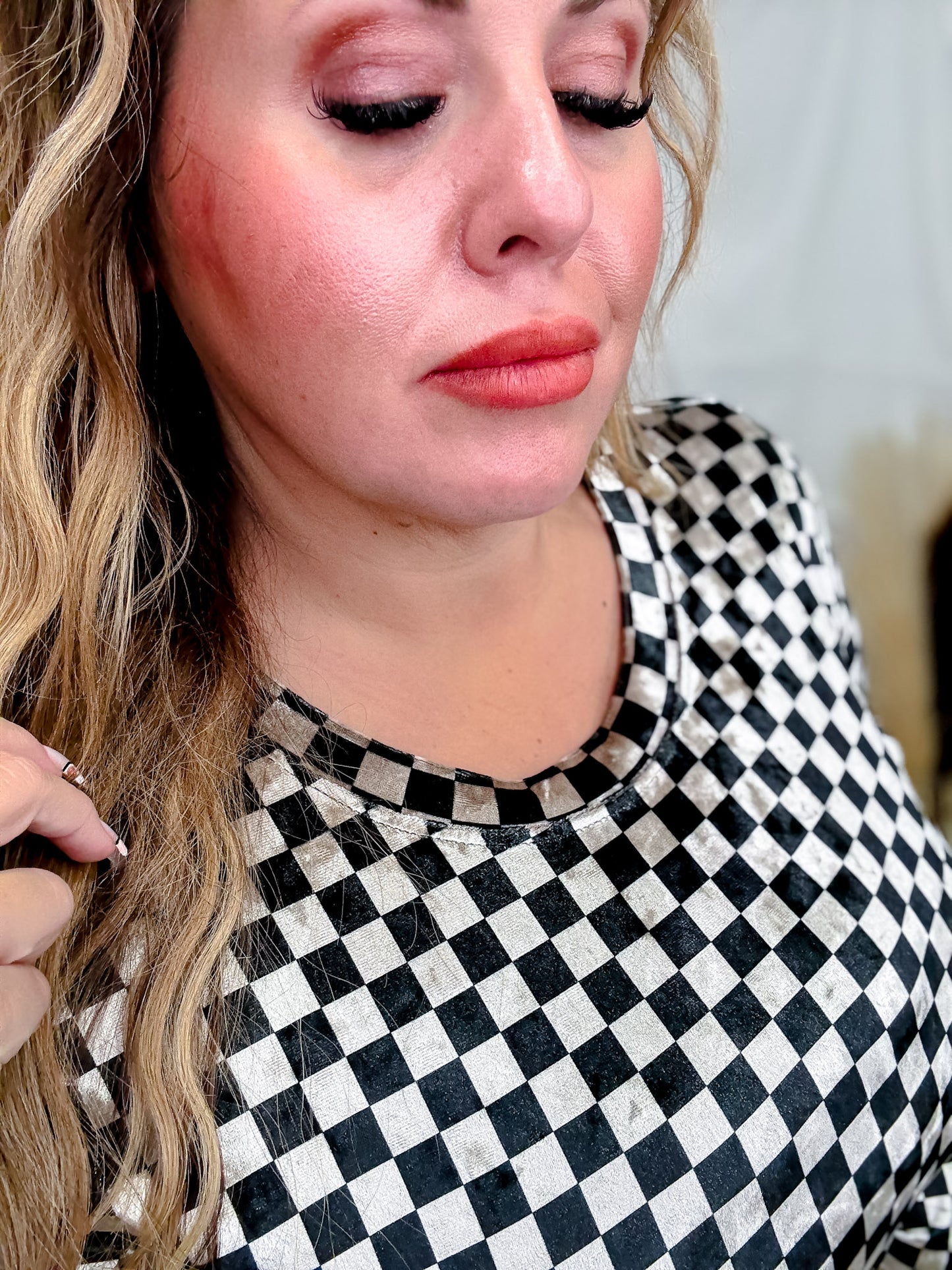 Long Sleeve Black and Beige Checkerboard Velvet Top