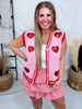 Pink Button Front Sweater Vest With Red Sequin Hearts