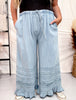 Wide Leg Chambray Pants With Ruffle Hem In Light Denim