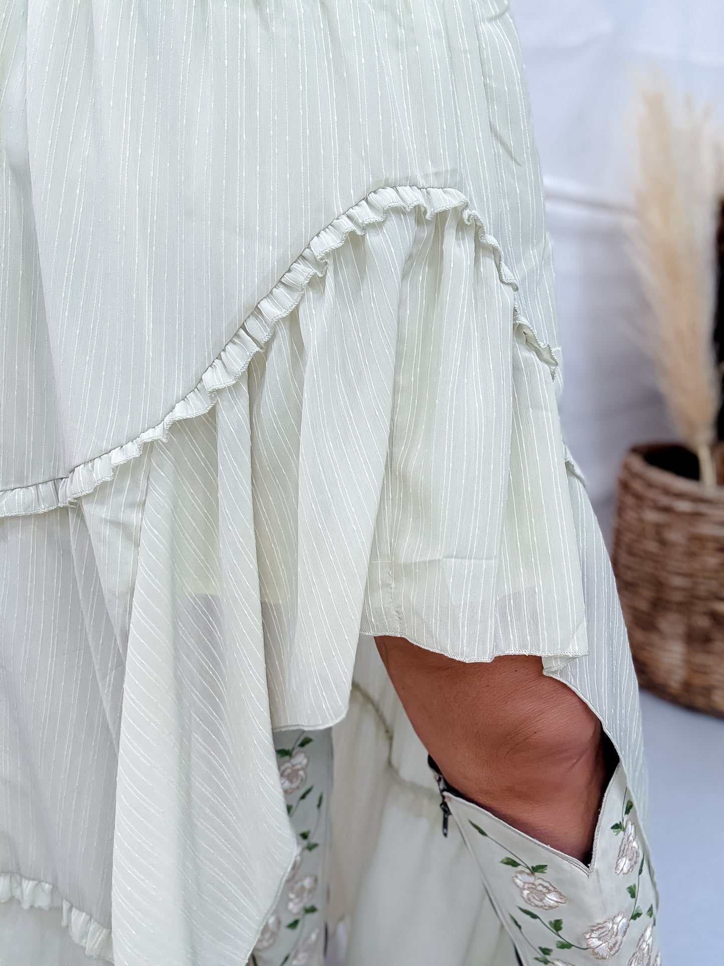 Sage Pinstriped Woven Ruffle High-Low Skirt