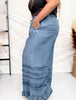 Ruffled Hem Wide Leg Chambray Pants In Dark Denim