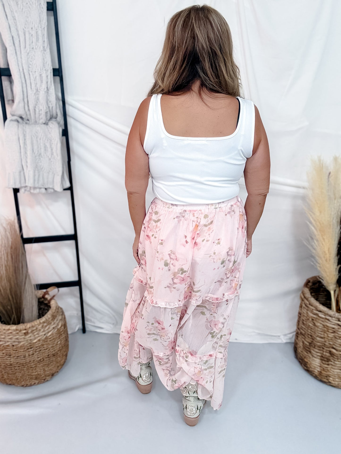 Pink Floral Print Ruffle Detail Midi Skirt