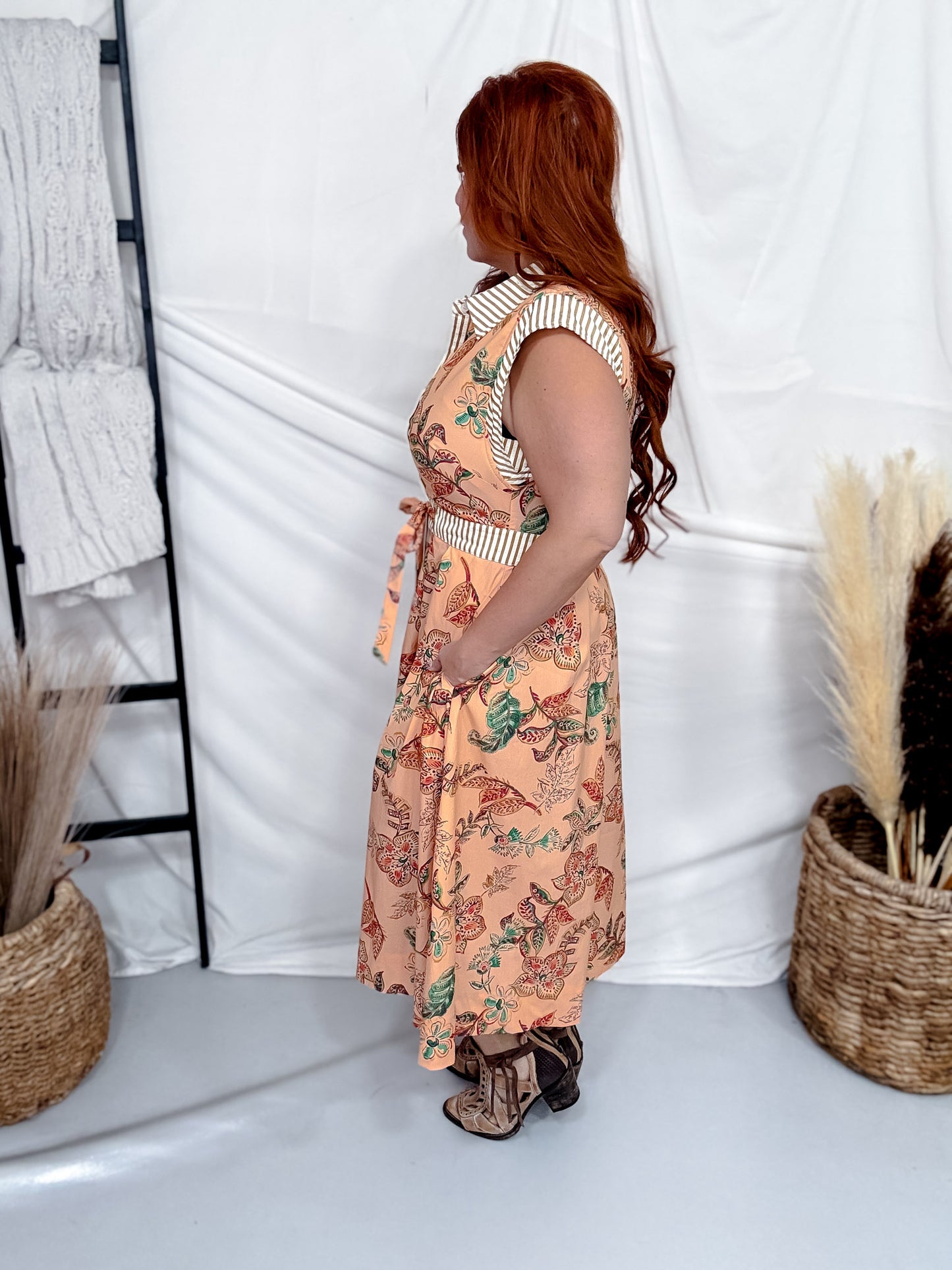 Botanical Print Midi Dress With Striped Trim