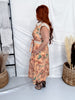 Botanical Print Midi Dress With Striped Trim