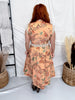 Botanical Print Midi Dress With Striped Trim