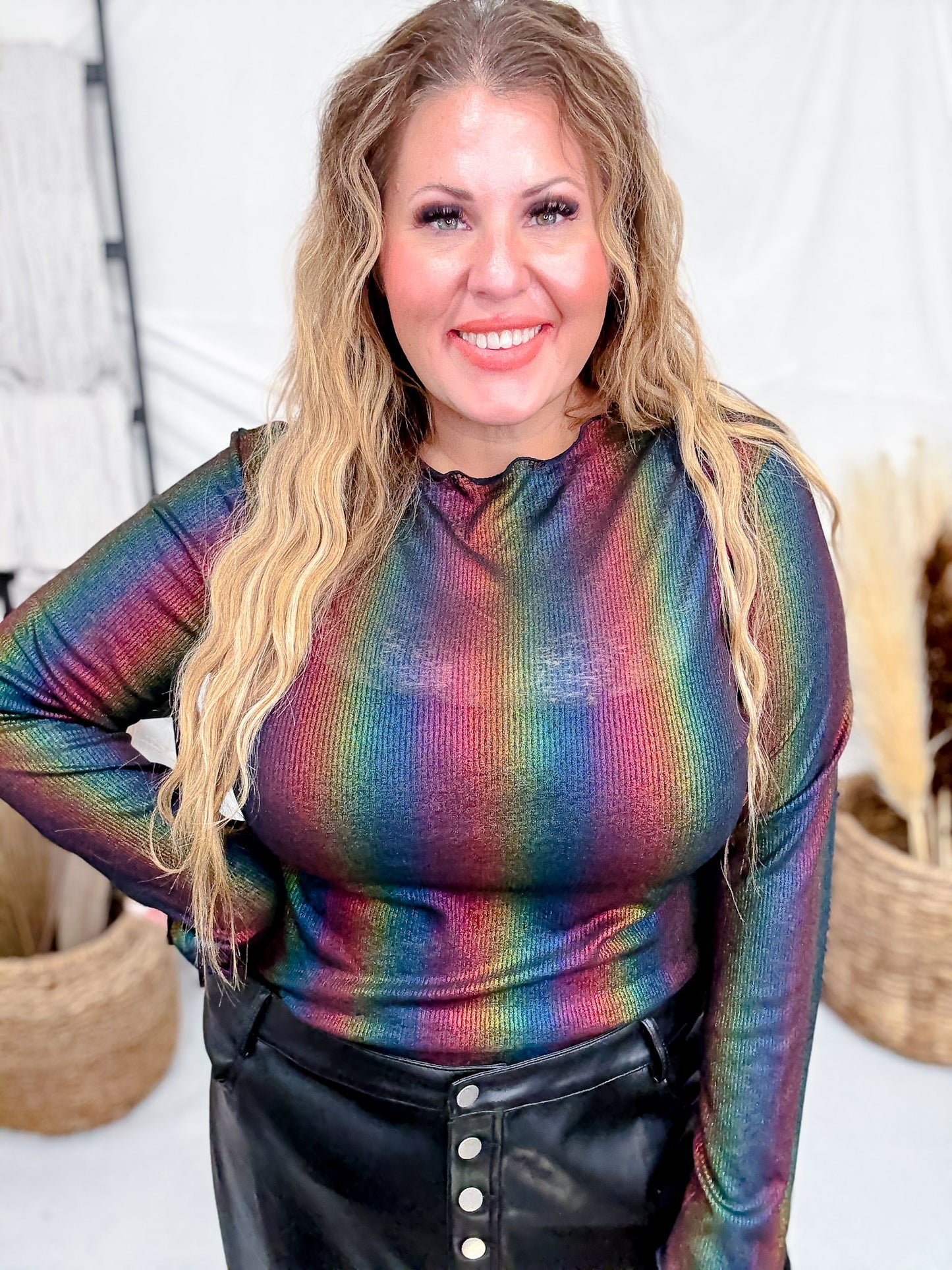 Metallic Rainbow Stripe Long Sleeve Mesh Top