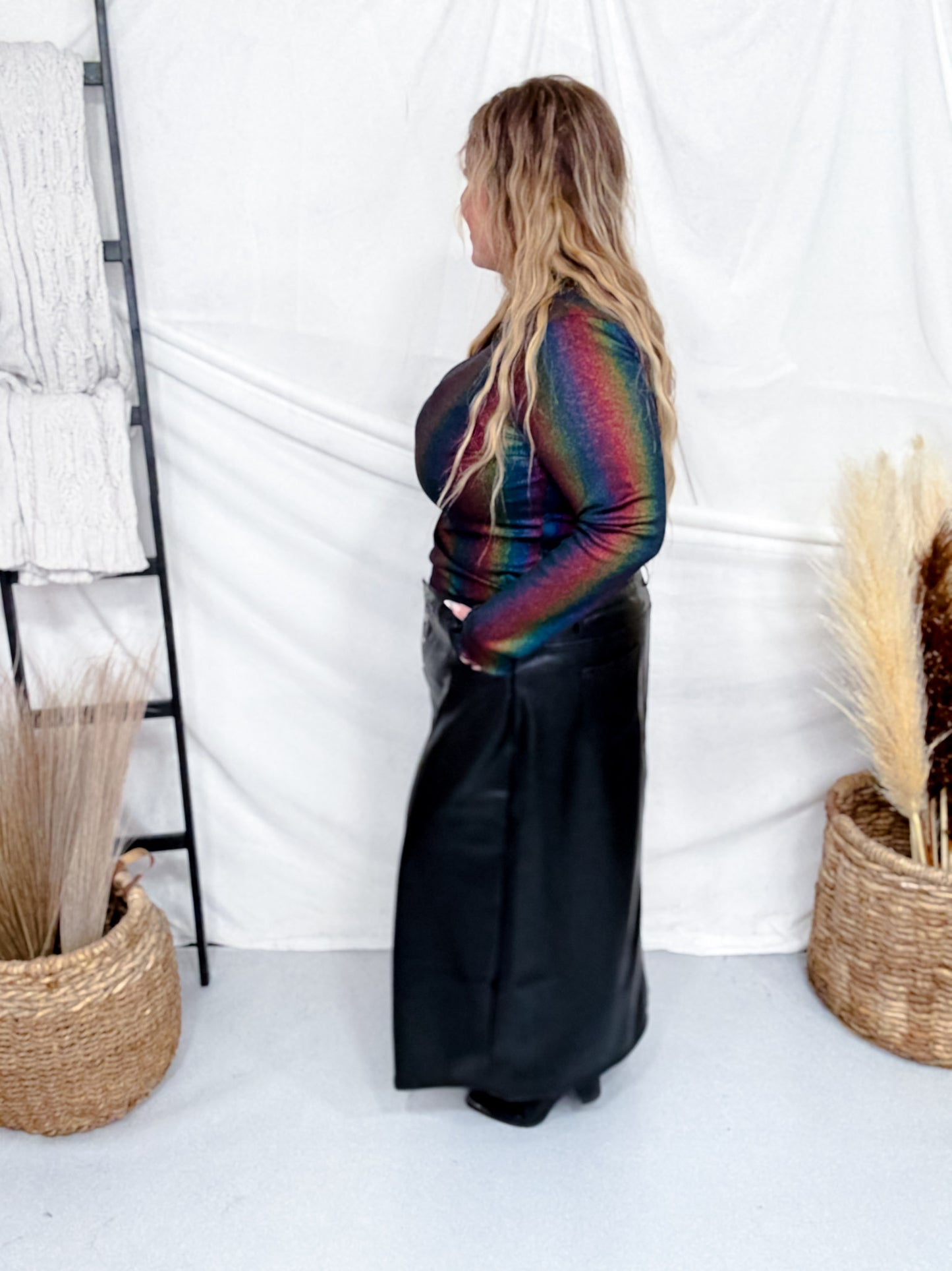 Metallic Rainbow Stripe Long Sleeve Mesh Top