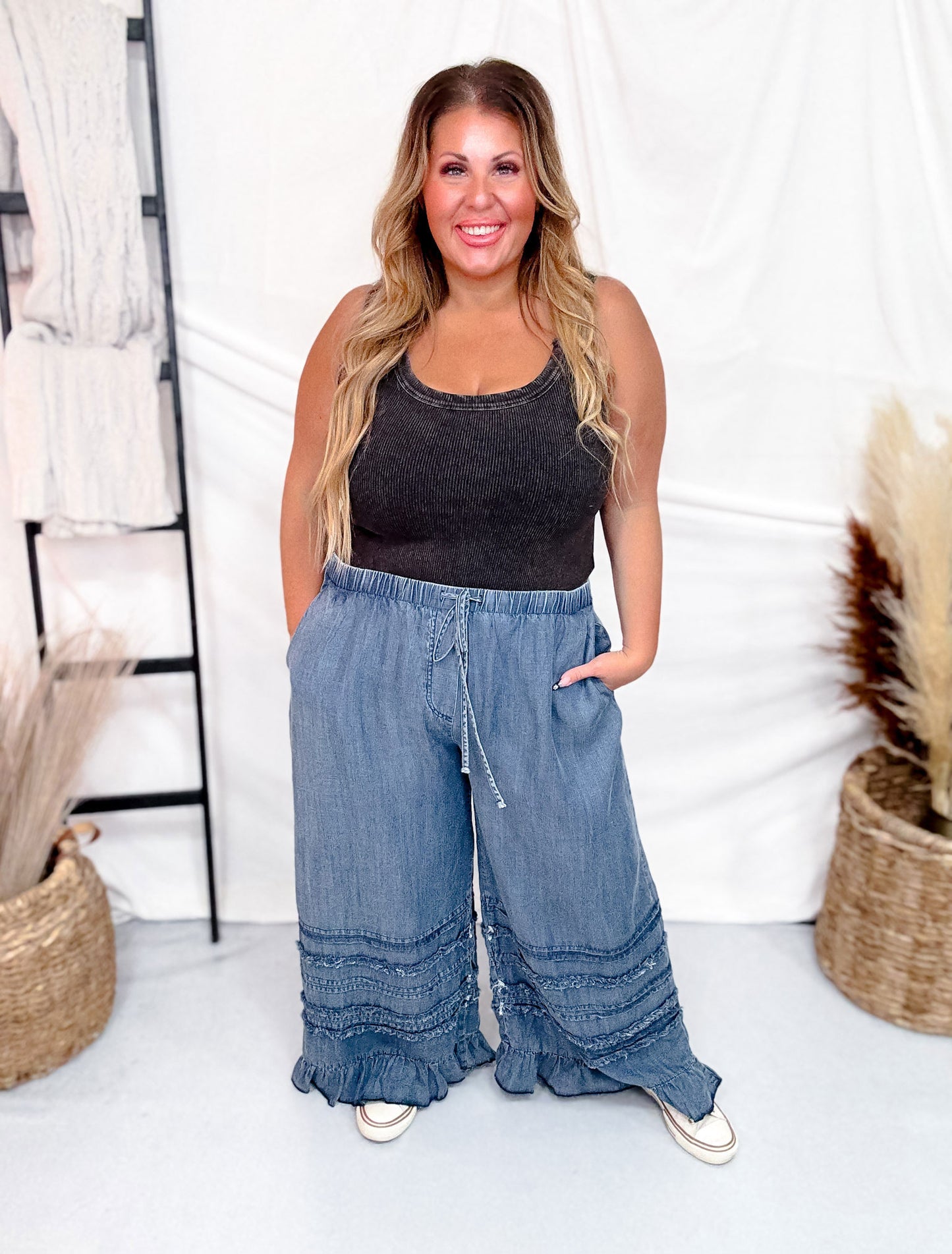 Ruffled Hem Wide Leg Chambray Pants In Dark Denim