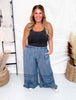 Ruffled Hem Wide Leg Chambray Pants In Dark Denim