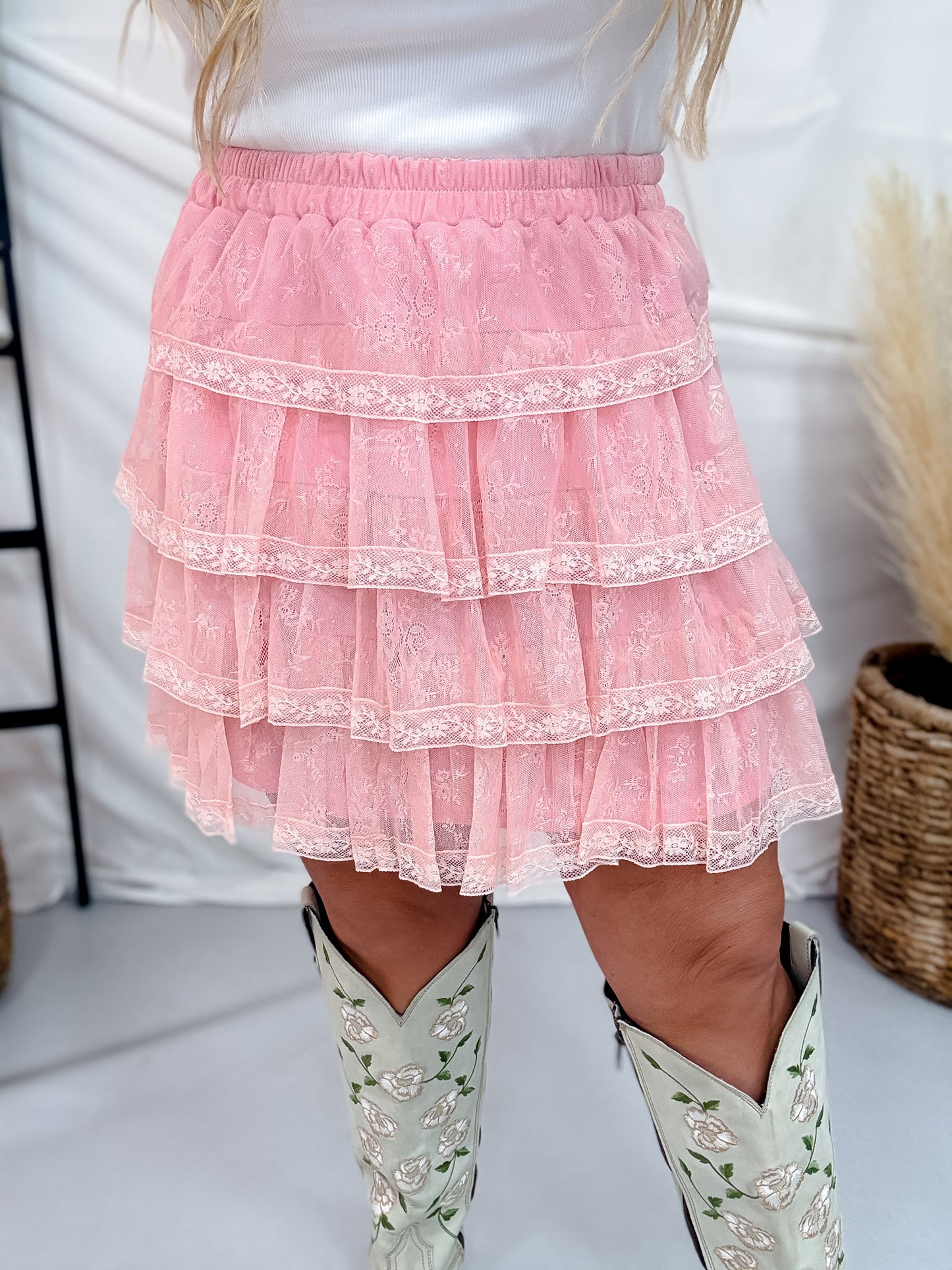 Pink Lace Ruffled Mini Skirt