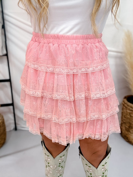 Pink Lace Ruffled Mini Skirt