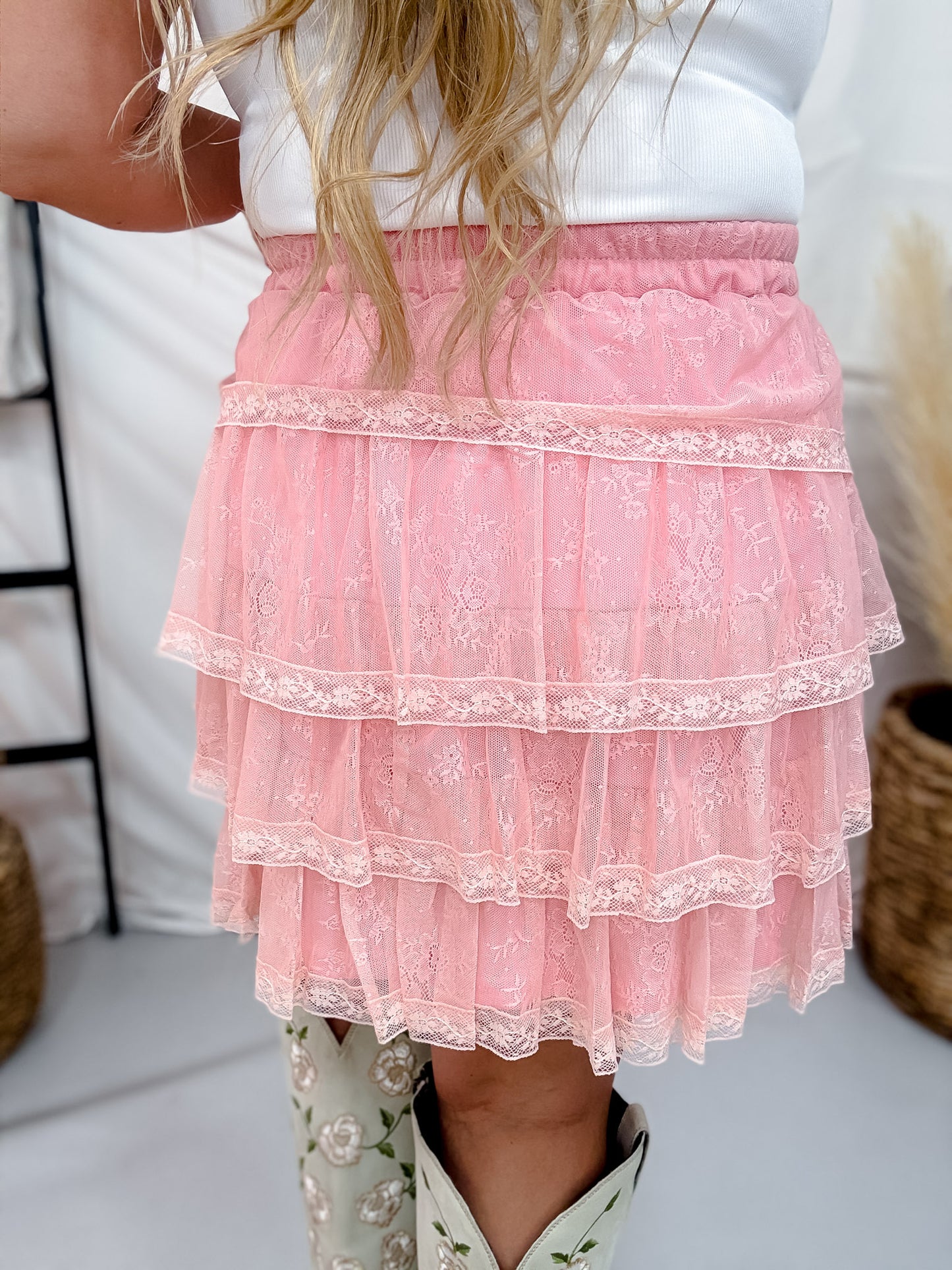 Pink Lace Ruffled Mini Skirt