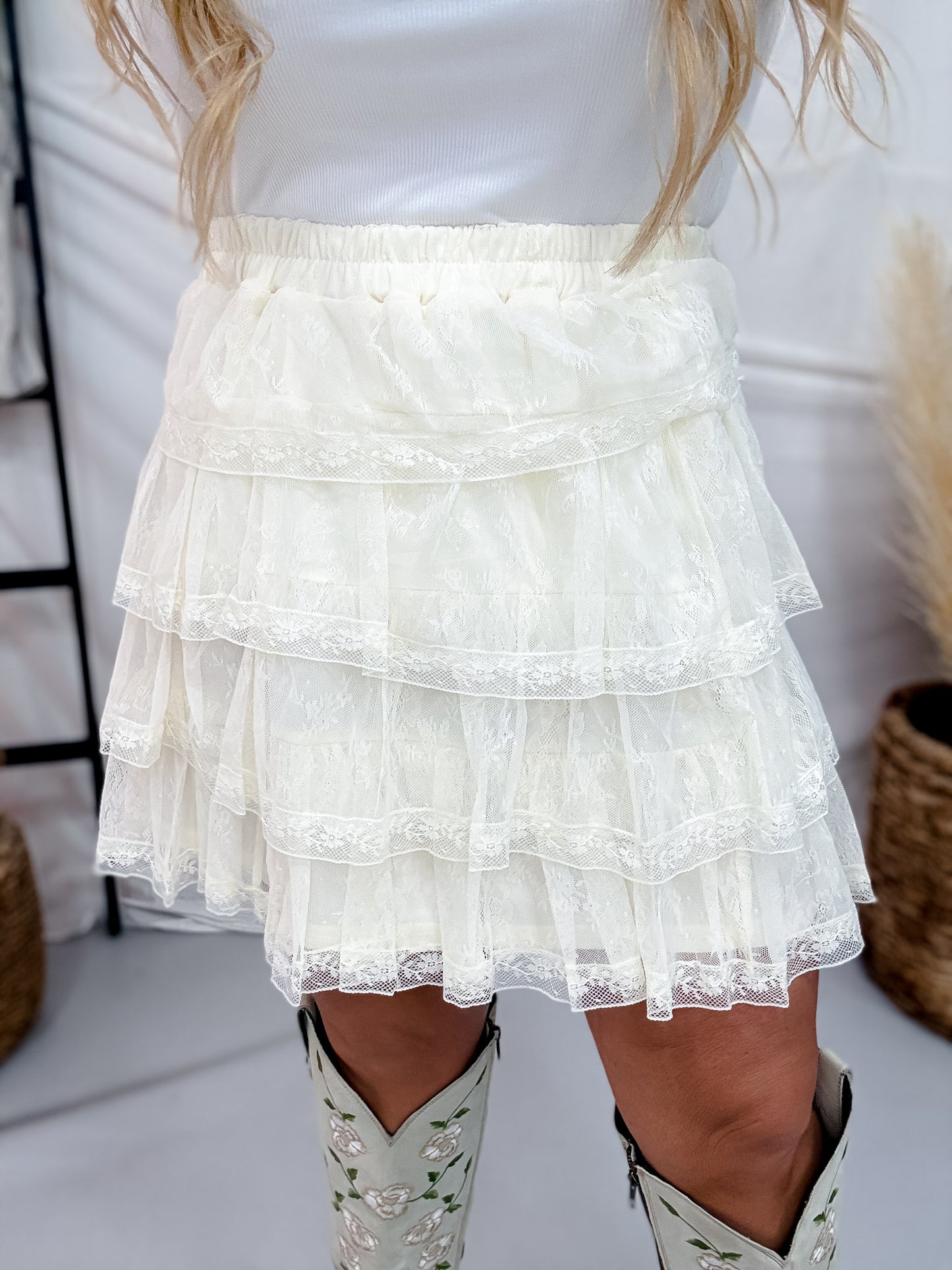 Cream Lace Ruffled Mini Skirt