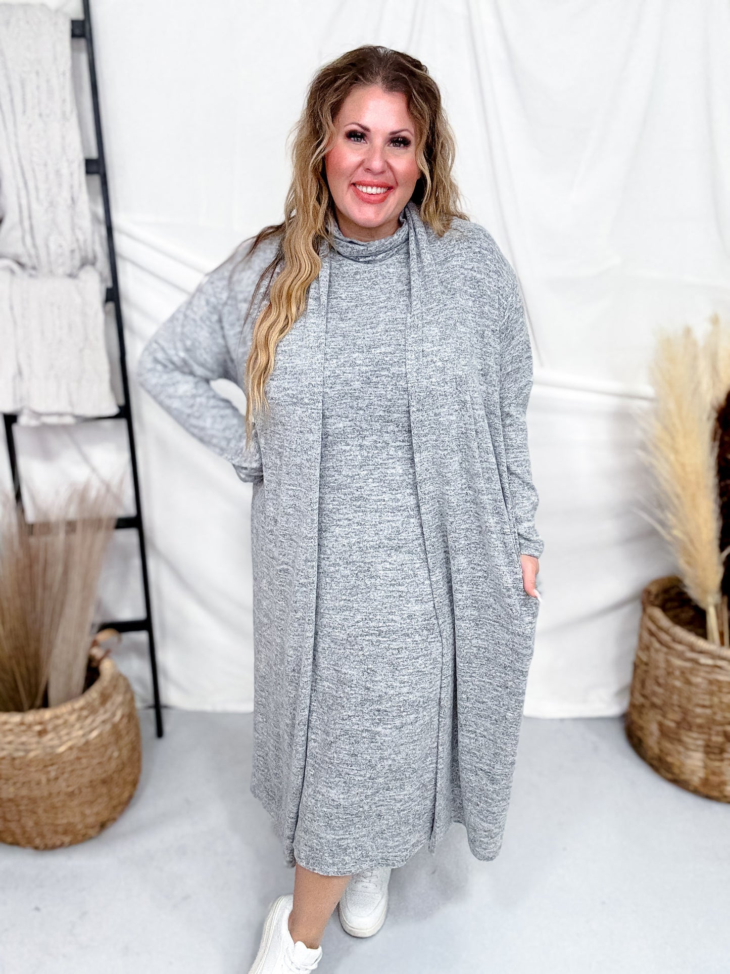 Brushed Cashmere Two Piece Dress & Cardigan Set (8 Colors)