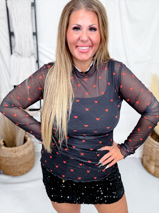 Heartlines Long Sleeve Black Mesh Top
