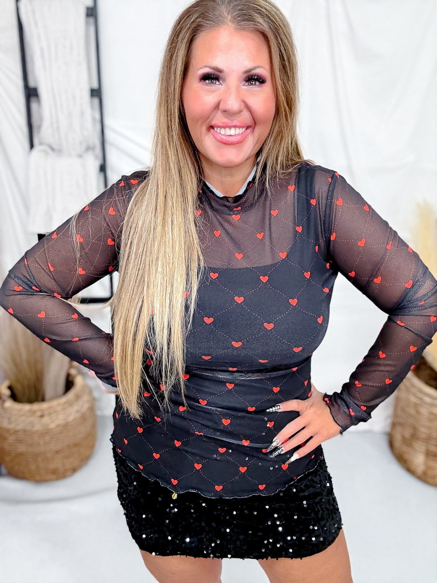 Heartlines Long Sleeve Black Mesh Top