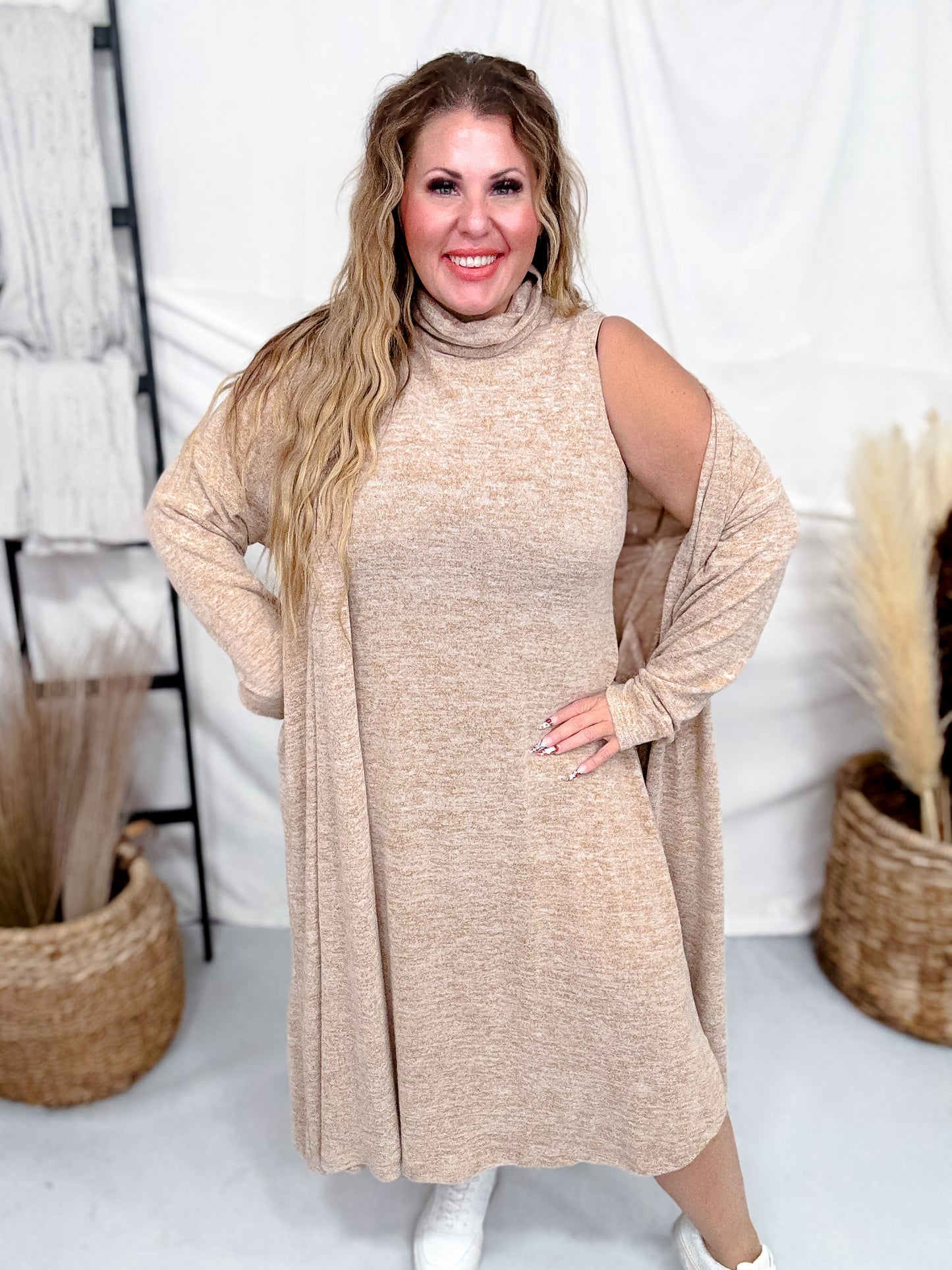 Brushed Cashmere Two Piece Dress & Cardigan Set (8 Colors)