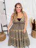 Olive Green Tiered Maxi Dress with Gold Sun Pattern