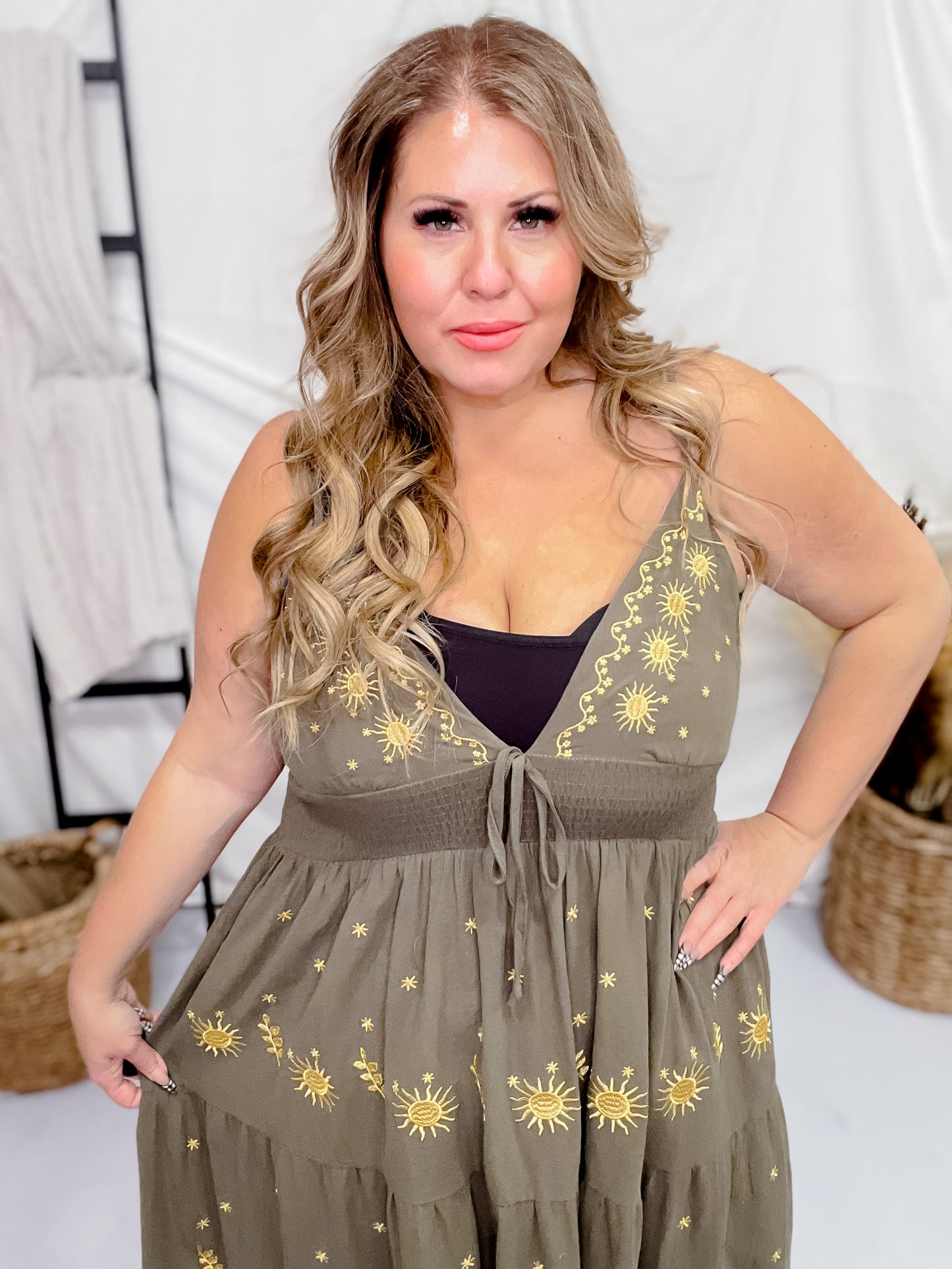 Olive Green Tiered Maxi Dress with Gold Sun Pattern