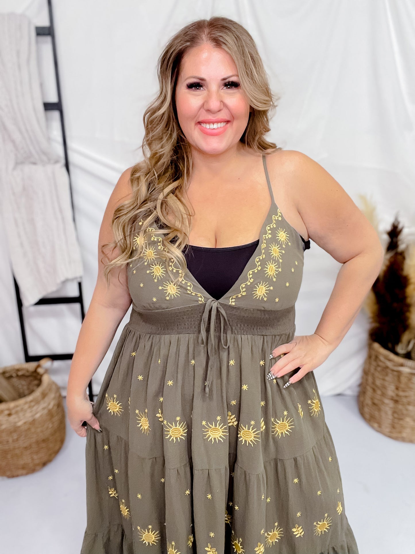Olive Green Tiered Maxi Dress with Gold Sun Pattern