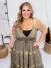 Olive Green Tiered Maxi Dress with Gold Sun Pattern