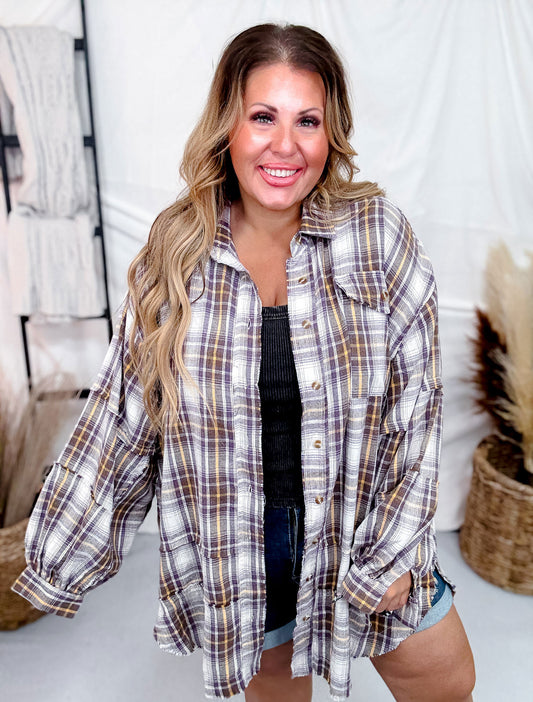Purple Taupe Plaid Mineral Washed Button Down Shirt