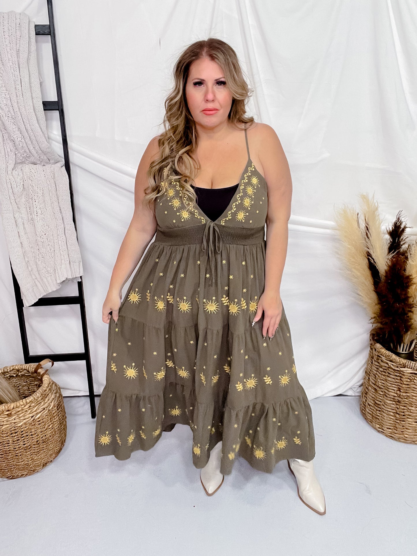 Olive Green Tiered Maxi Dress with Gold Sun Pattern