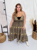 Olive Green Tiered Maxi Dress with Gold Sun Pattern
