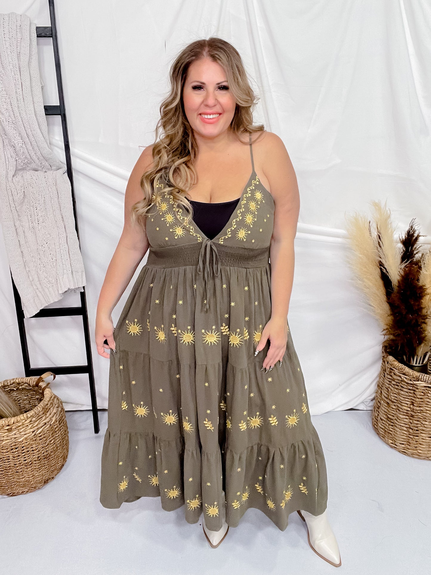 Olive Green Tiered Maxi Dress with Gold Sun Pattern