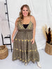 Olive Green Tiered Maxi Dress with Gold Sun Pattern