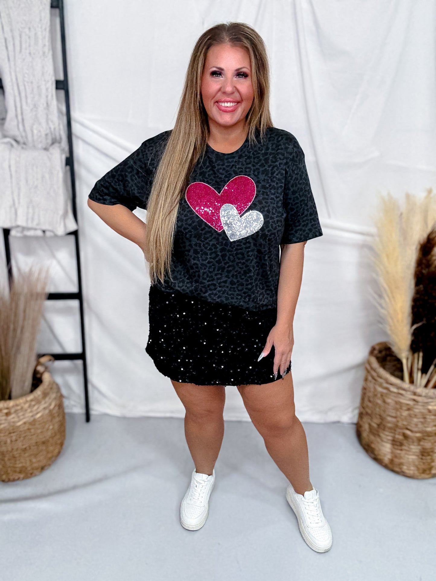 Black Leopard Print Tee With Sequin Heart Appliques