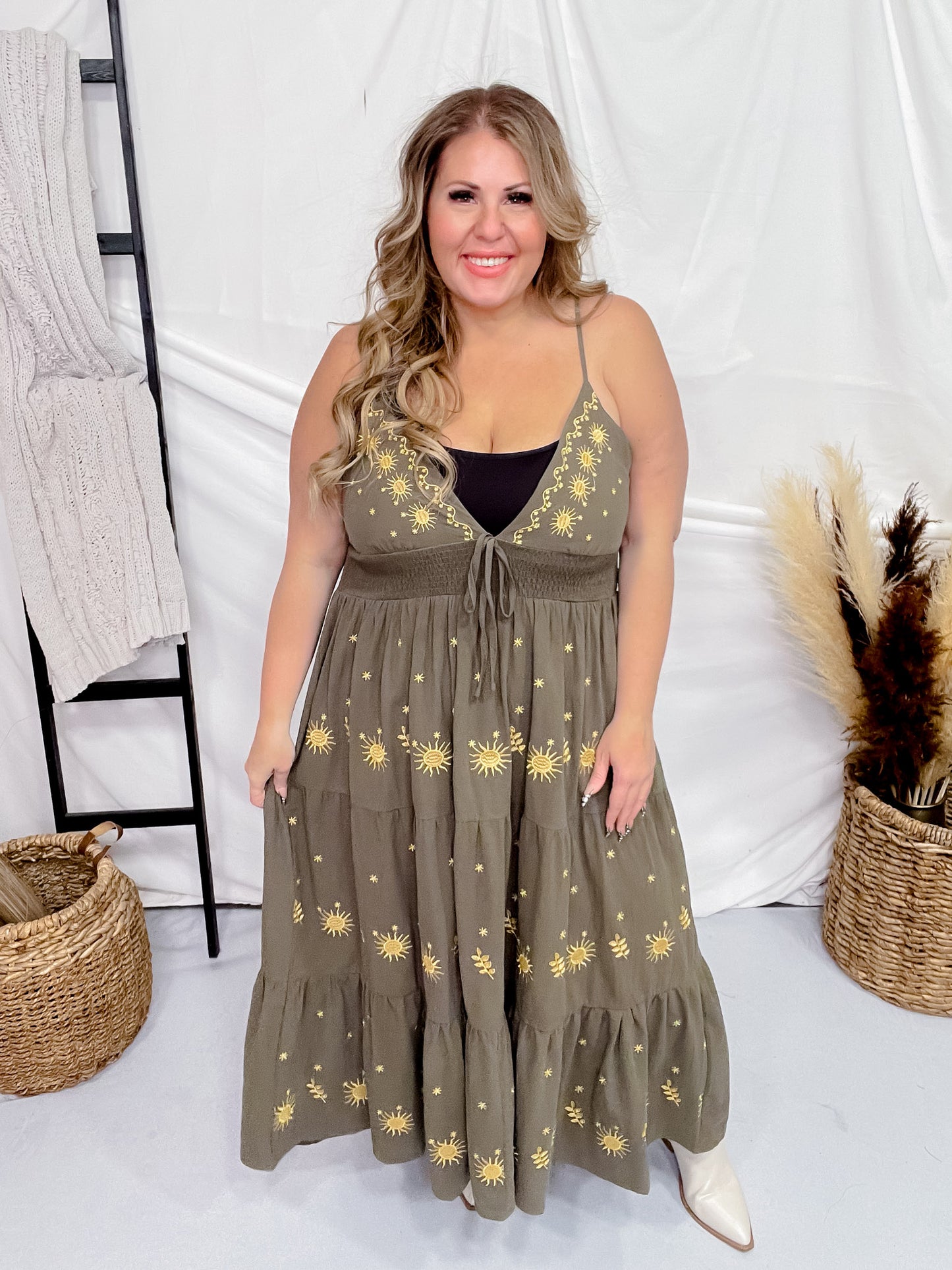 Olive Green Tiered Maxi Dress with Gold Sun Pattern