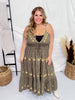 Olive Green Tiered Maxi Dress with Gold Sun Pattern
