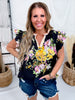 Black Floral Print Blouse With Striped Trim & Ruffle Sleeves