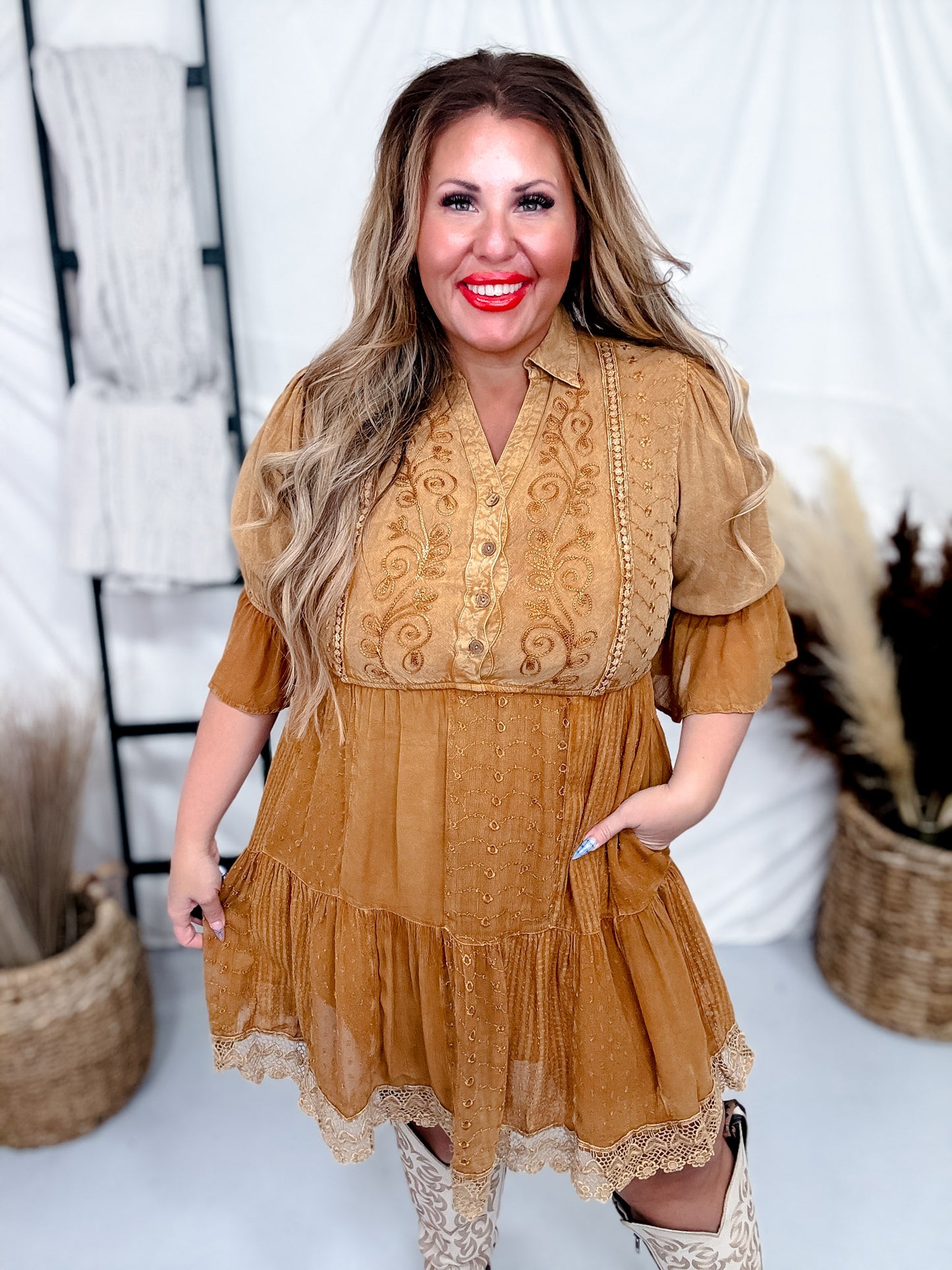 V-Neck Ruffle Baby Doll Dress in Camel Brown FINAL SALE