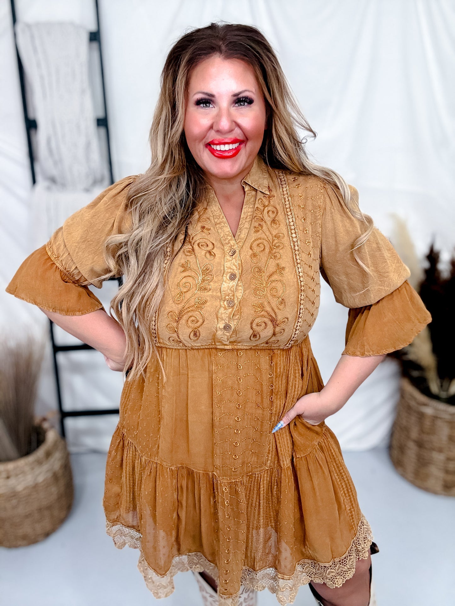 V-Neck Ruffle Baby Doll Dress in Camel Brown FINAL SALE