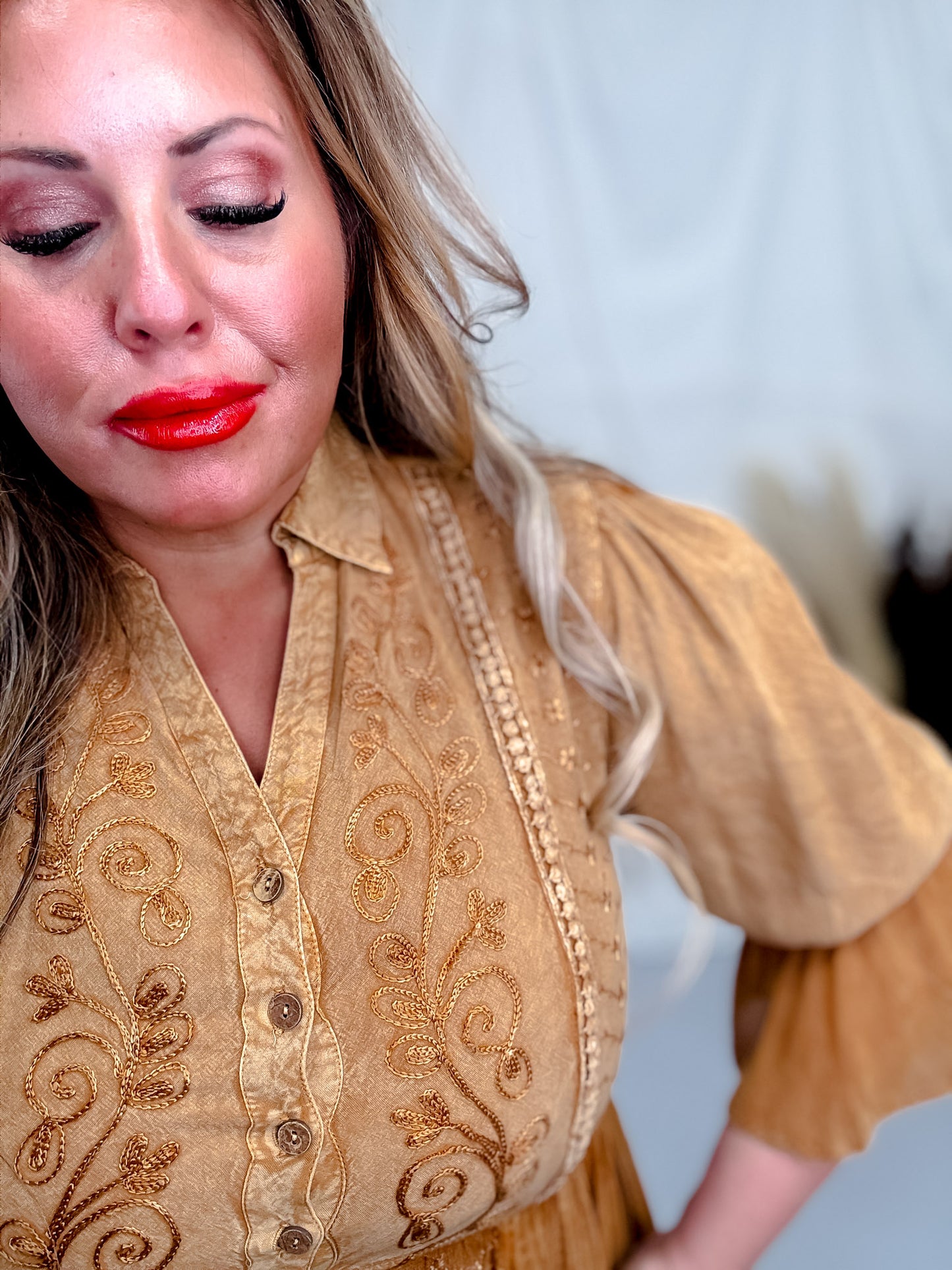 V-Neck Ruffle Baby Doll Dress in Camel Brown FINAL SALE