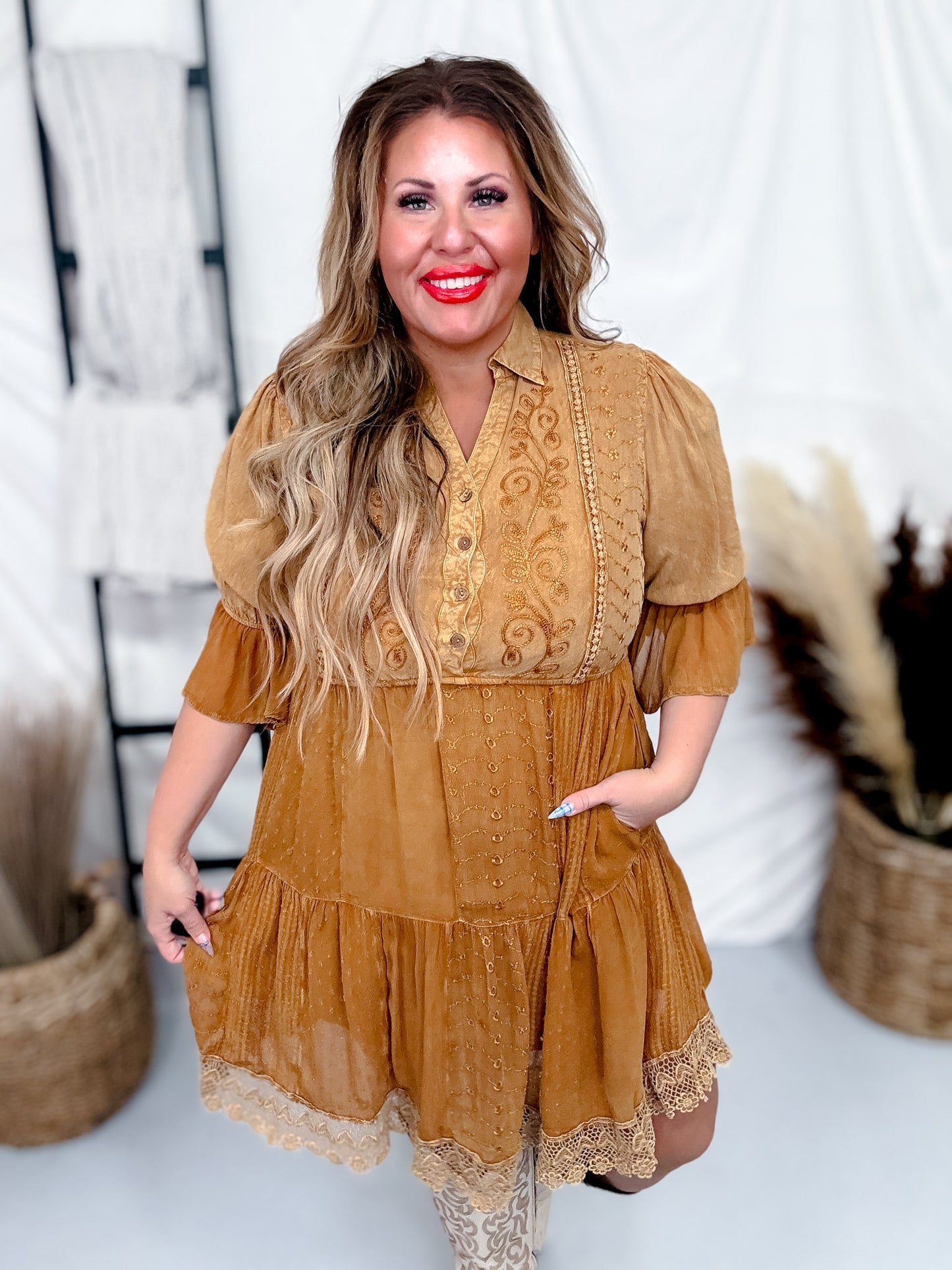 V-Neck Ruffle Baby Doll Dress in Camel Brown FINAL SALE