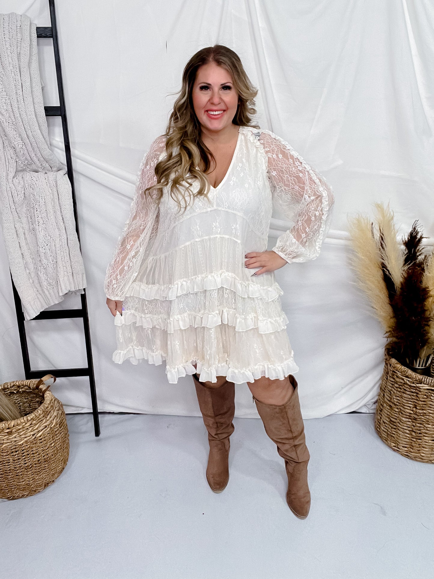 Cream Long Sleeve Ruffle Mini Dress