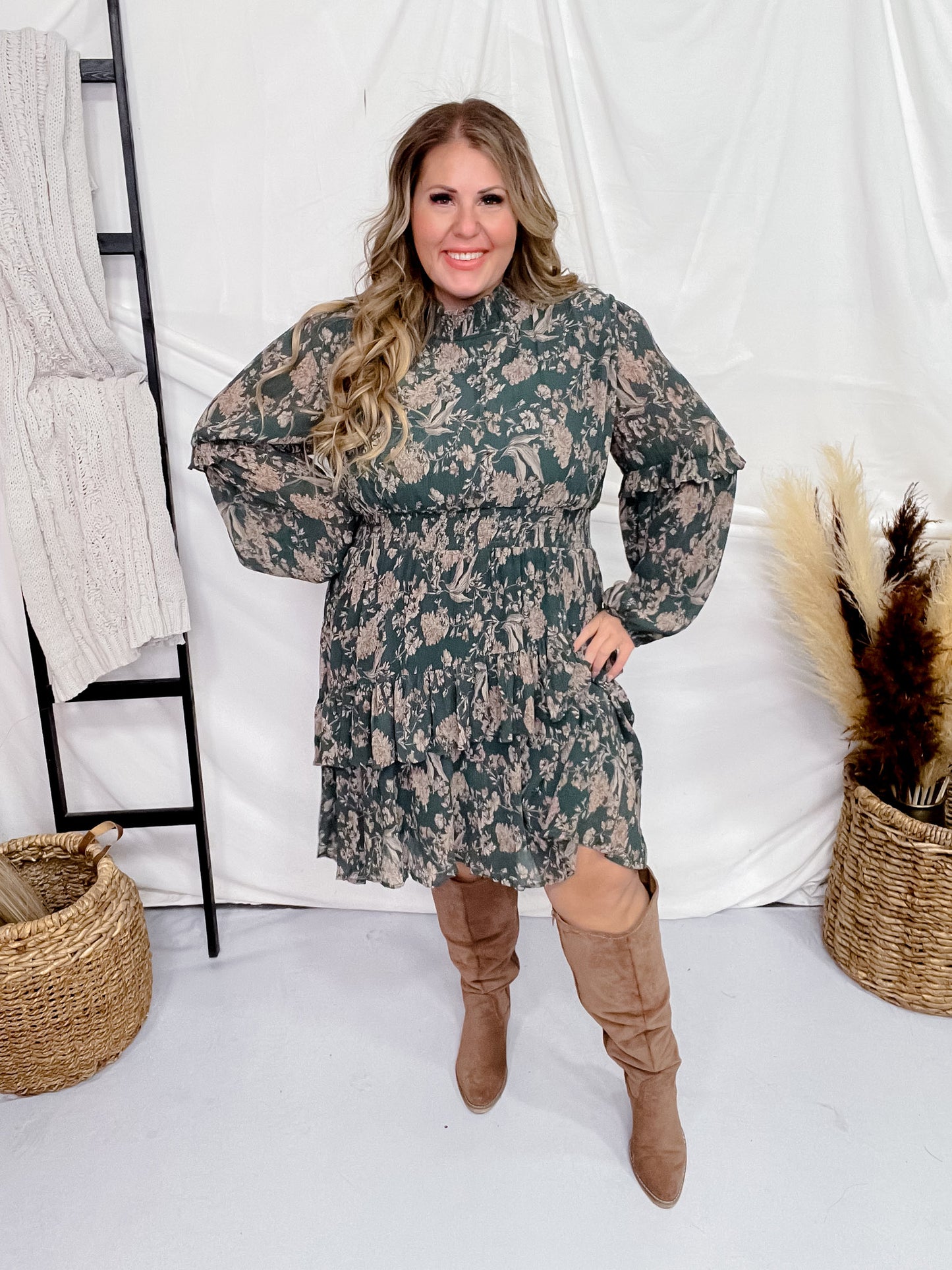 Vintage Smocked Neckline Pleated Green Dress