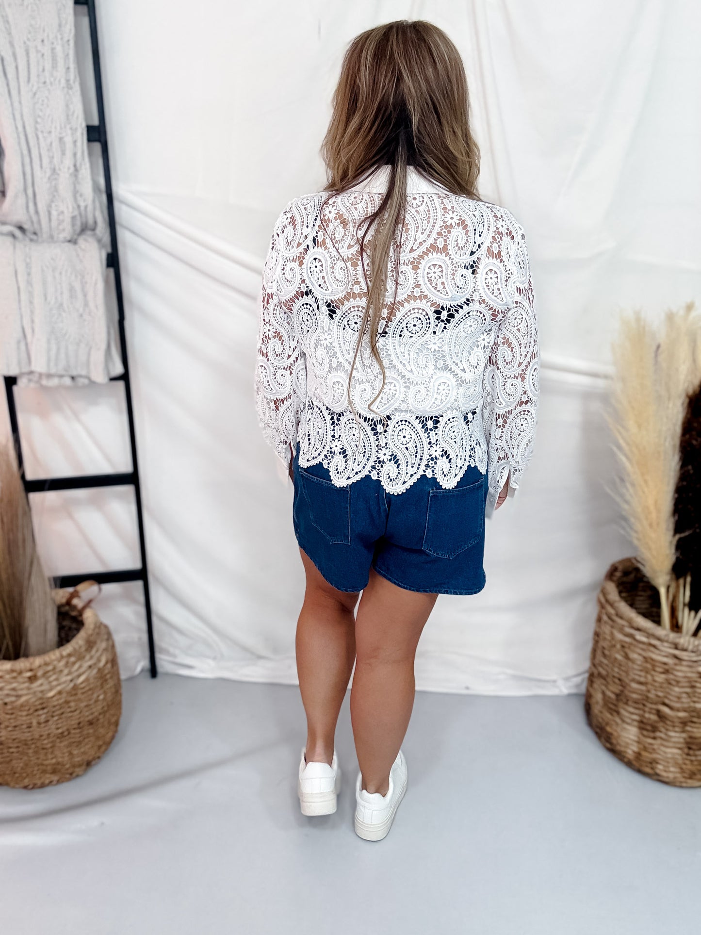 White Paisley Lace Button Front Blouse With Scalloped Hem