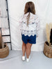 White Paisley Lace Button Front Blouse With Scalloped Hem
