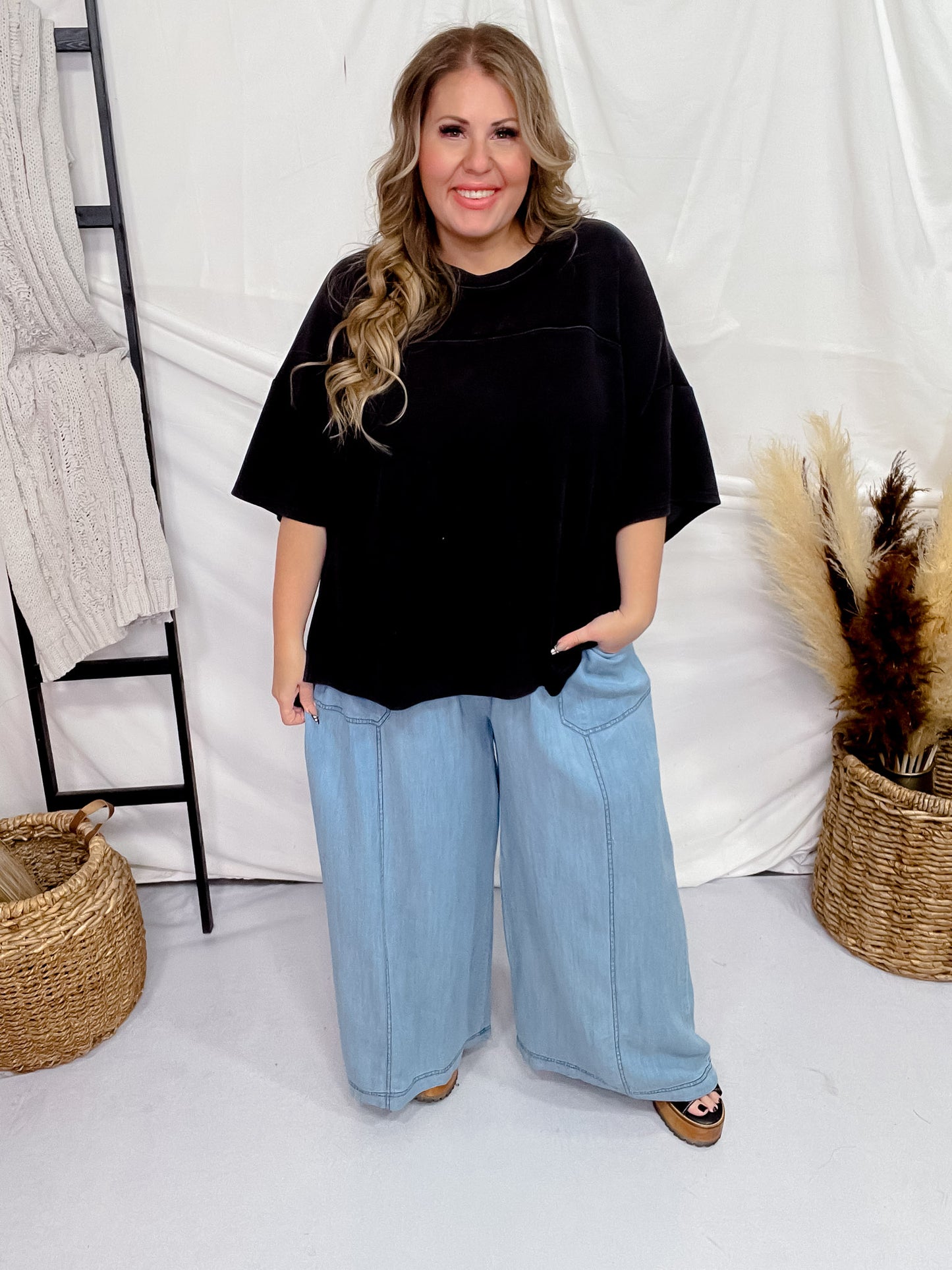 Acid Washed Chambray Palazzo Pants