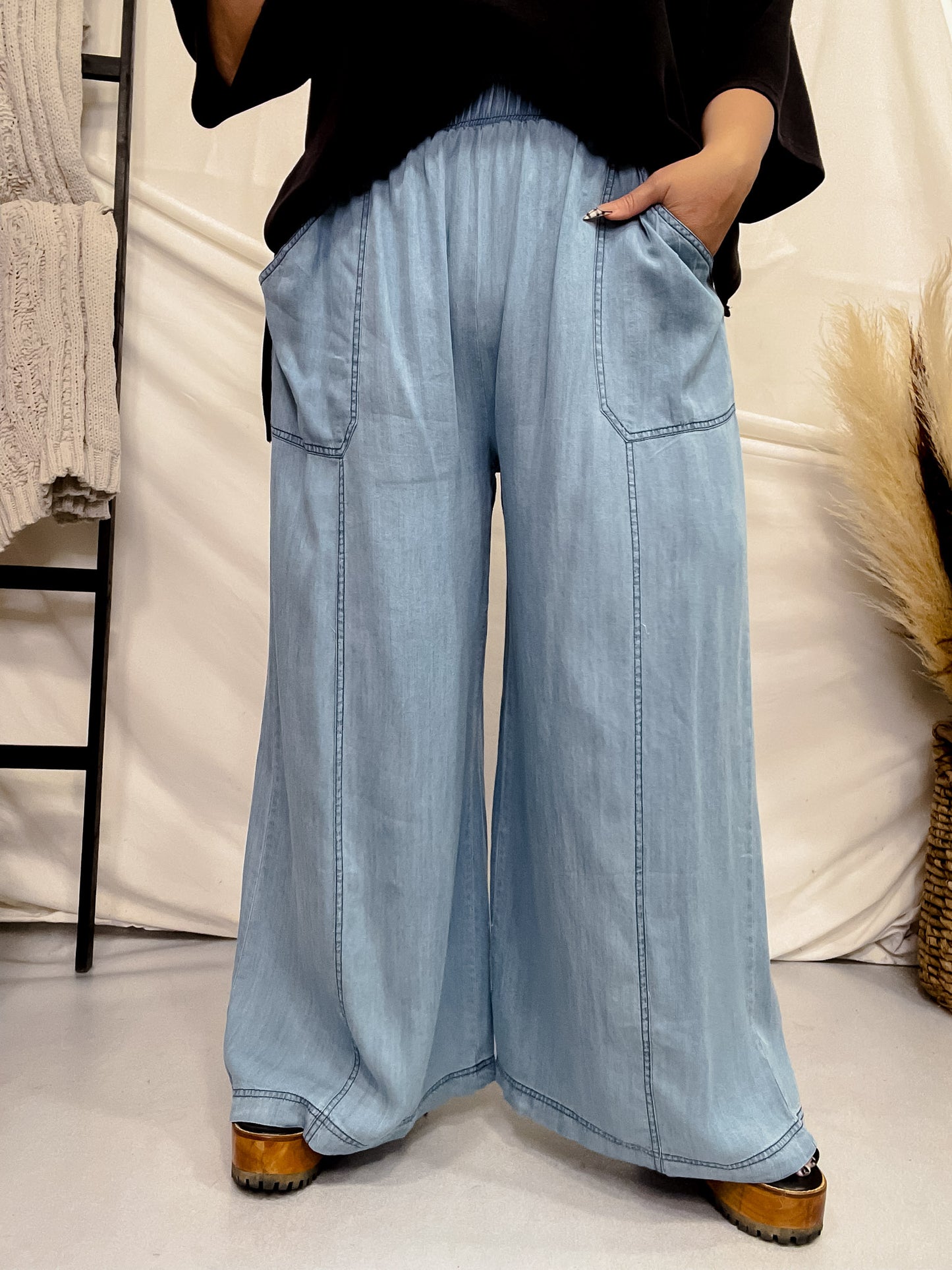 Acid Washed Chambray Palazzo Pants