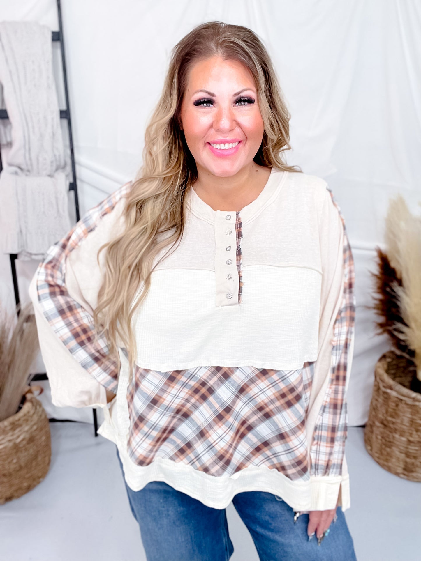 Natural Color Mixed Print Long Sleeve Henley Top
