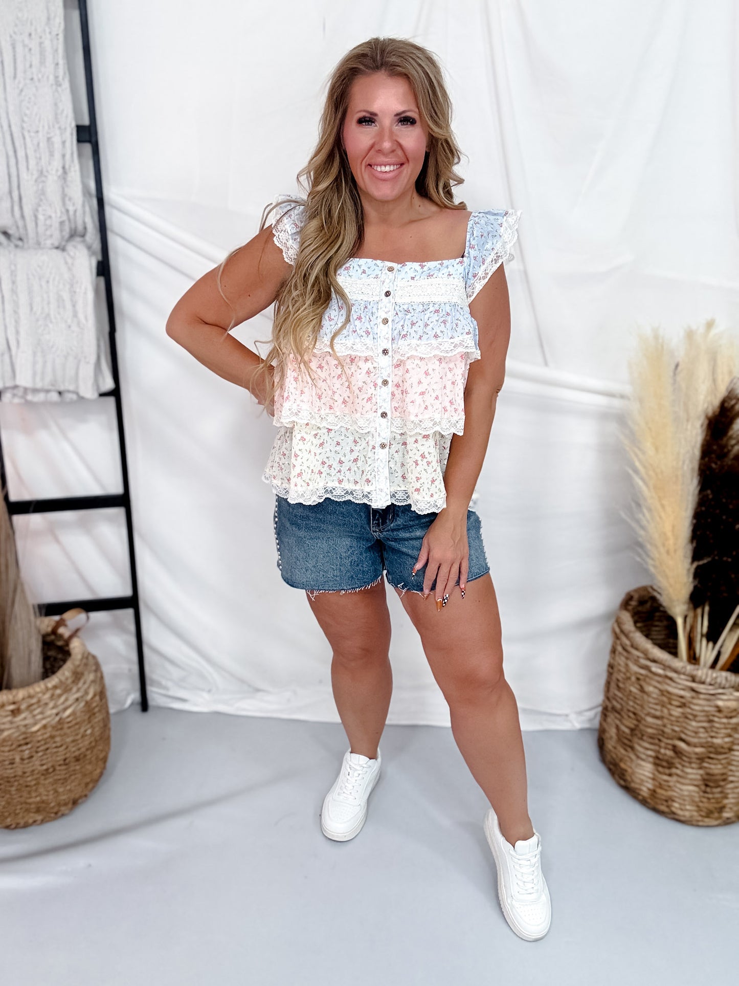 Floral Color Block Ruffled Top W/ Lace Trim