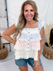 Floral Color Block Ruffled Top W/ Lace Trim